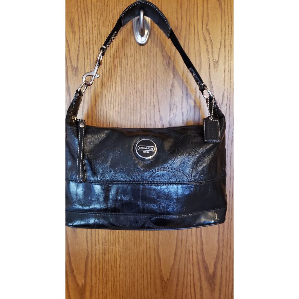 Vintage COACH Black Patent Leather Signature Hobo Bag #F17421